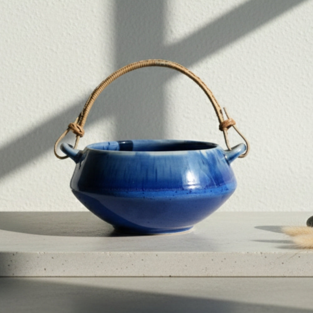 blue bamboo ceramic serving bowl round bowl for serving meals and snacks with glazed finish